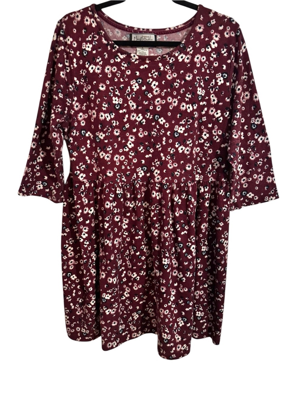 Mary McFadden Y2K Burgundy Navy/White Daisy Print 3/4 Babydoll Mini Dress Sz 18